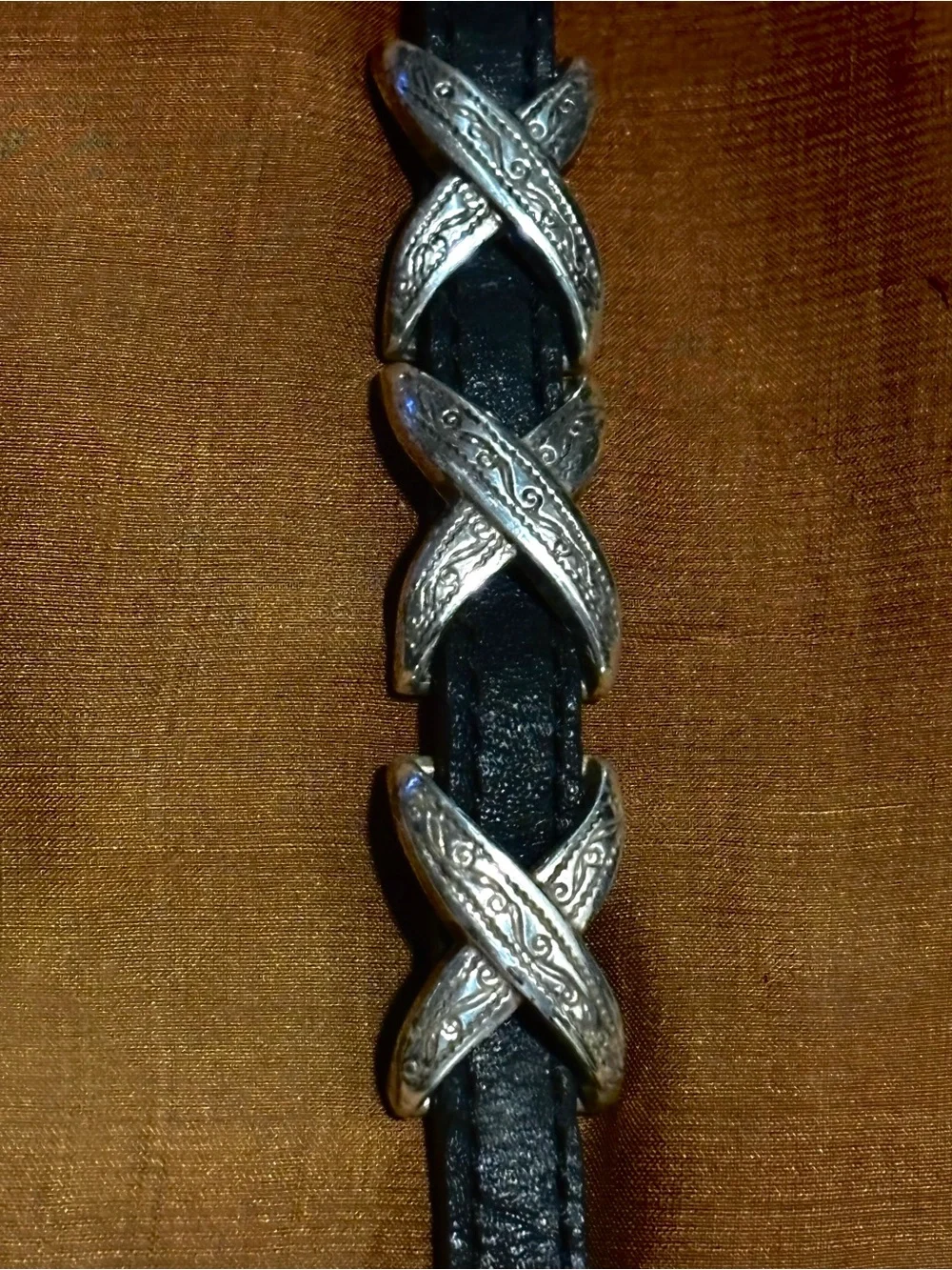 Black Leather Western-Style Bracelet with Sterling Silver Accents